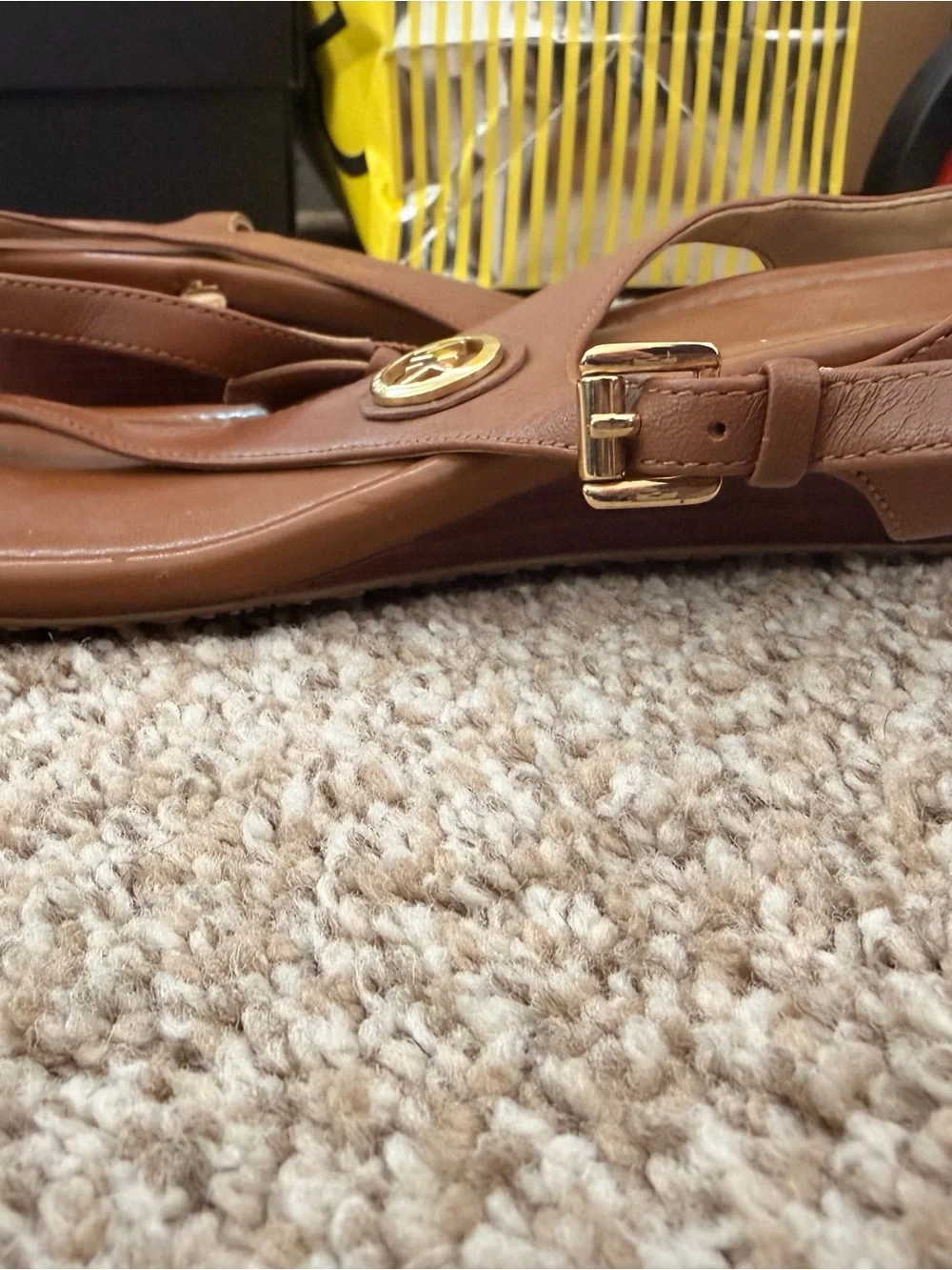 Michael Kors Cognac Leather T-strap Sandals with Gold Logo